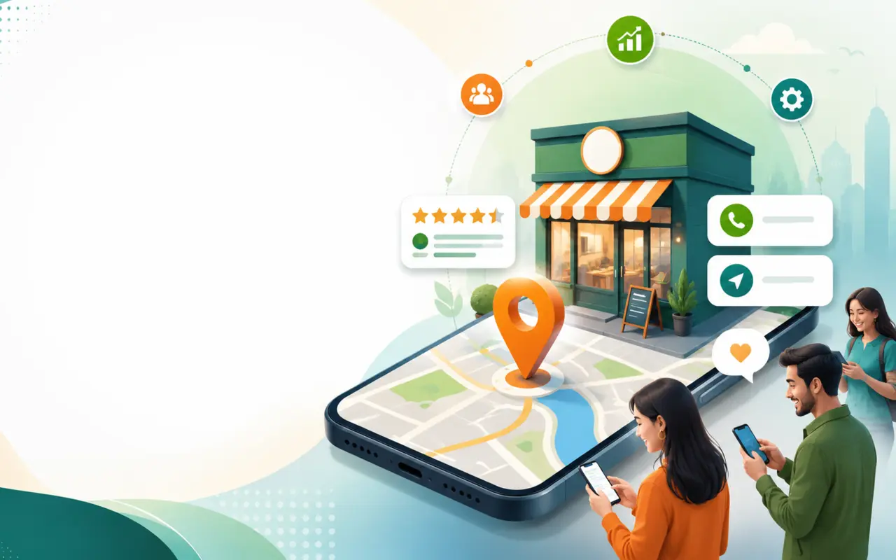 Negócio local conectado ao mapa, avaliações e canais de contato digitais