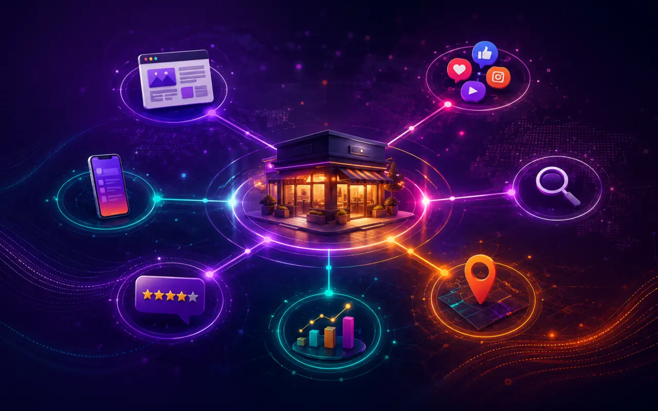 Empresa conectada ao site, celular, busca, avaliações, localização e redes sociais